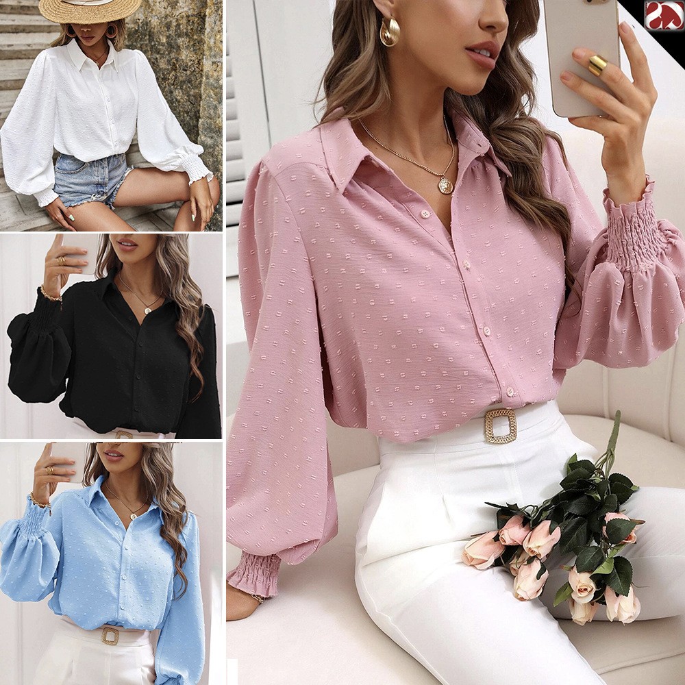 现货欧美外贸独立站春亚马逊爆款女装衬衫翻领灯笼袖纯色衬衣