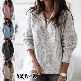 亚马逊速卖通欧美秋冬拉链套头长袖 毛衣外套女 针织衫