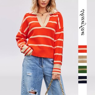 针织衫 秋冬欧美跨境女装 拼接条纹毛衣翻领宽松大码 时尚 女 新款