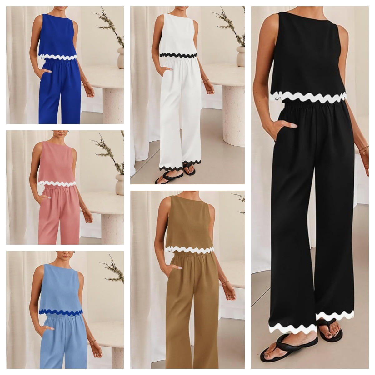 欧美跨境春夏女装独立站休闲件套无袖背心短款上衣宽松裤