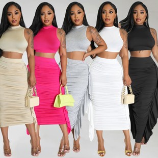 两件套裙套装 跨境夏季 性感紧身流苏无袖 亚马逊欧美女装 新品