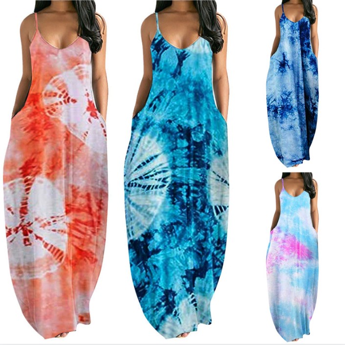 跨境新款女装多色印花扎染吊带宽松连衣裙长裙亚马逊爆款欧美