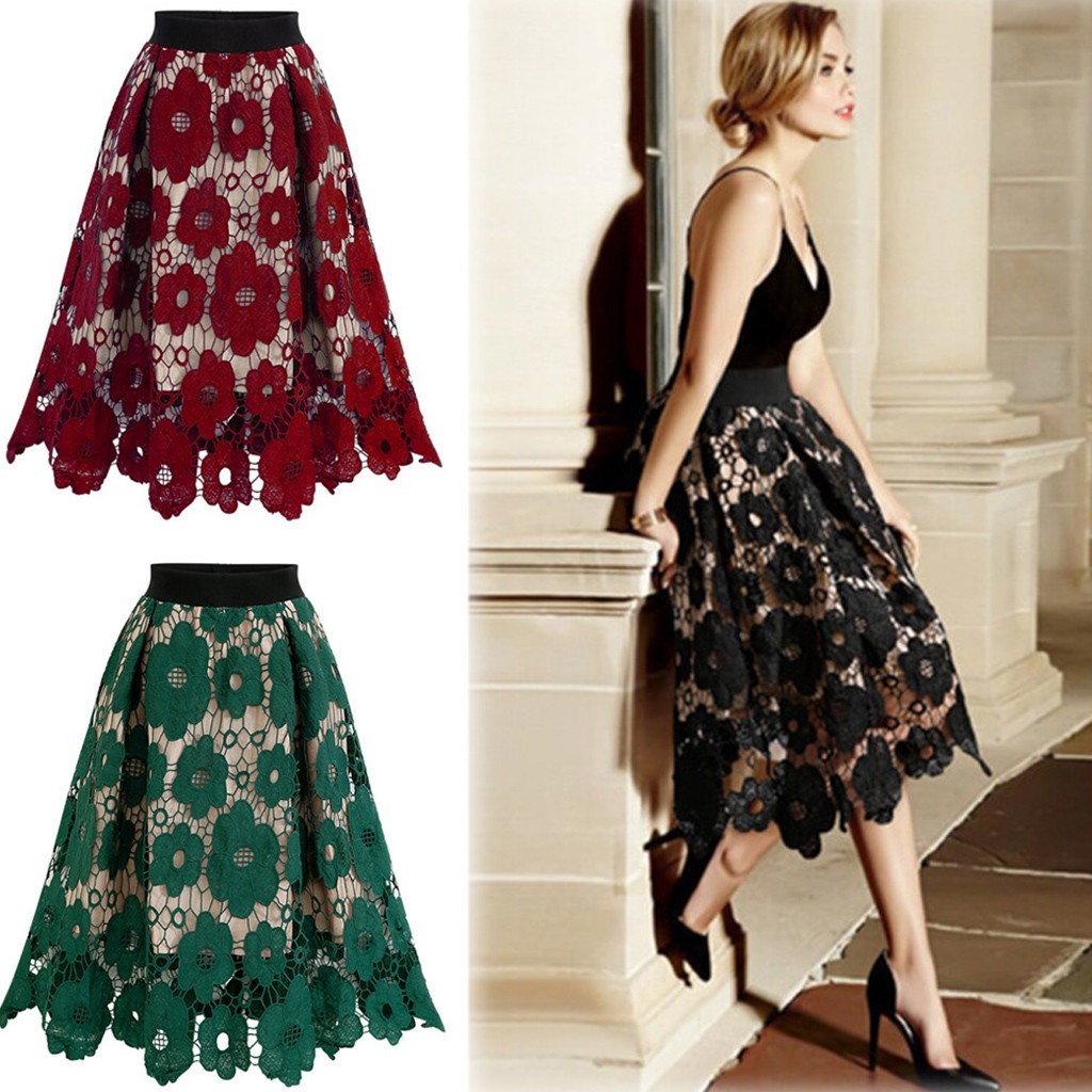 外贸女装欧美春夏新款女士大摆裙高腰蕾丝裙纯色大码半身裙女
