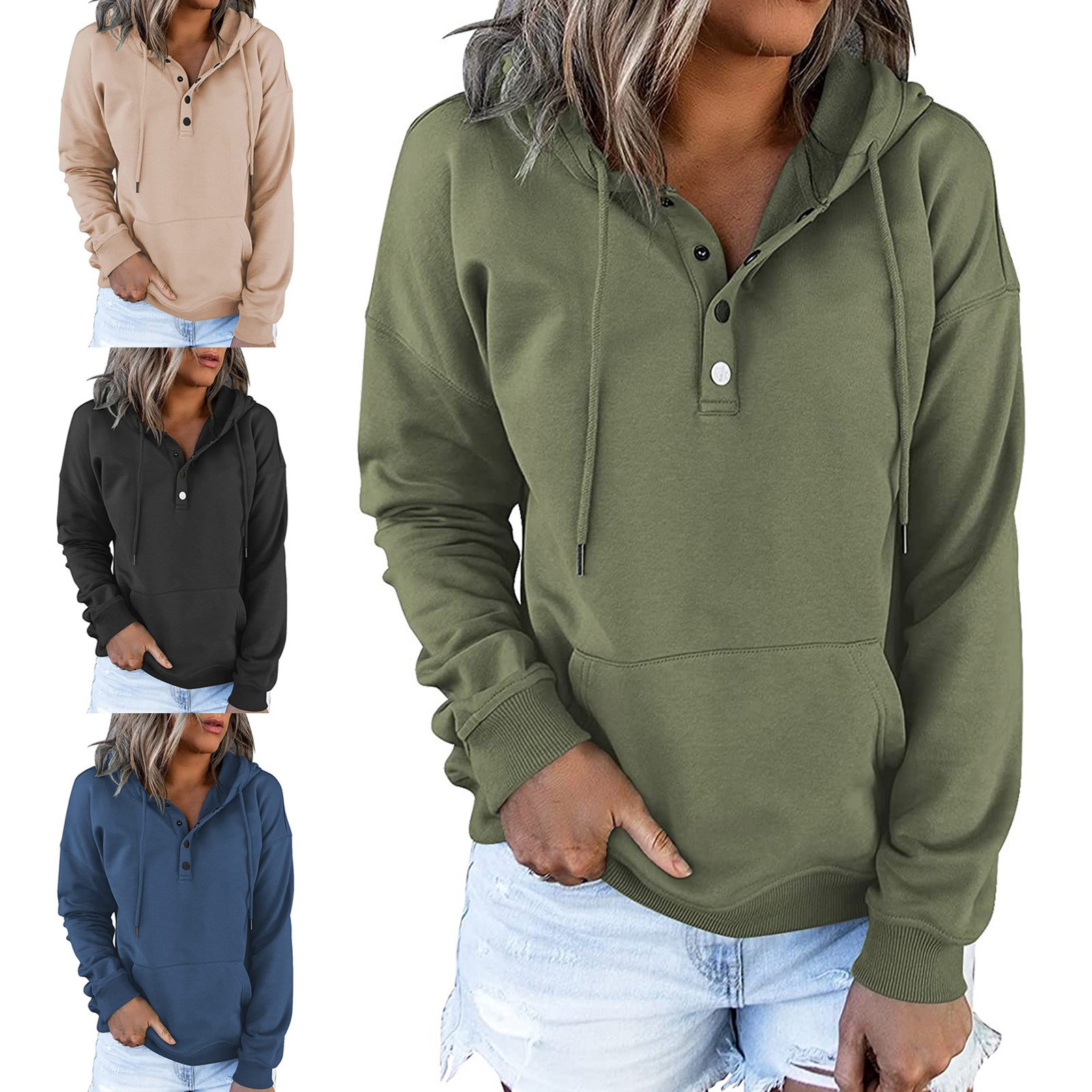 #欧美女装亚马逊独立站长袖宽松休闲连帽抽绳口袋卫衣