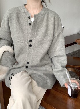 早秋新款灰色针织开衫女宽松学院风休闲慵懒小个子毛衣外套