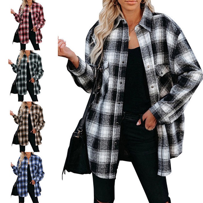 欧美女装秋冬新款格子女式衬衫亚马逊中长款宽松翻领开衫衬衫