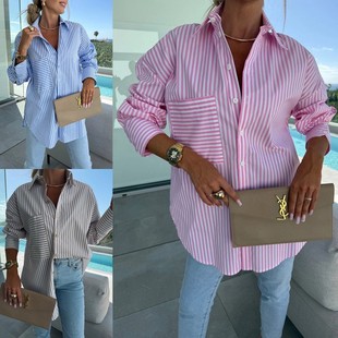衬衣衬衫 亚马逊速卖通新款 休闲纽扣条纹印花长袖 时尚 女 秋季