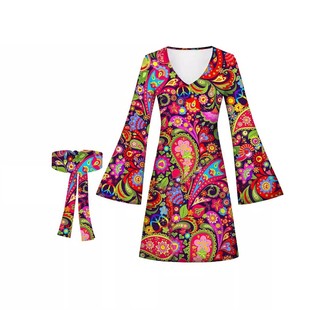 跨境外贸欧美亚马逊万圣节印花连衣裙年代嬉皮喇叭袖 领连衣裙