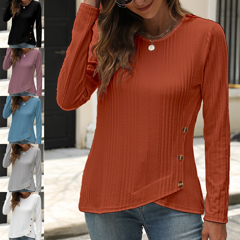 亚马逊欧美跨境女装秋冬新款独立站坑条磨毛纽扣长袖恤上衣