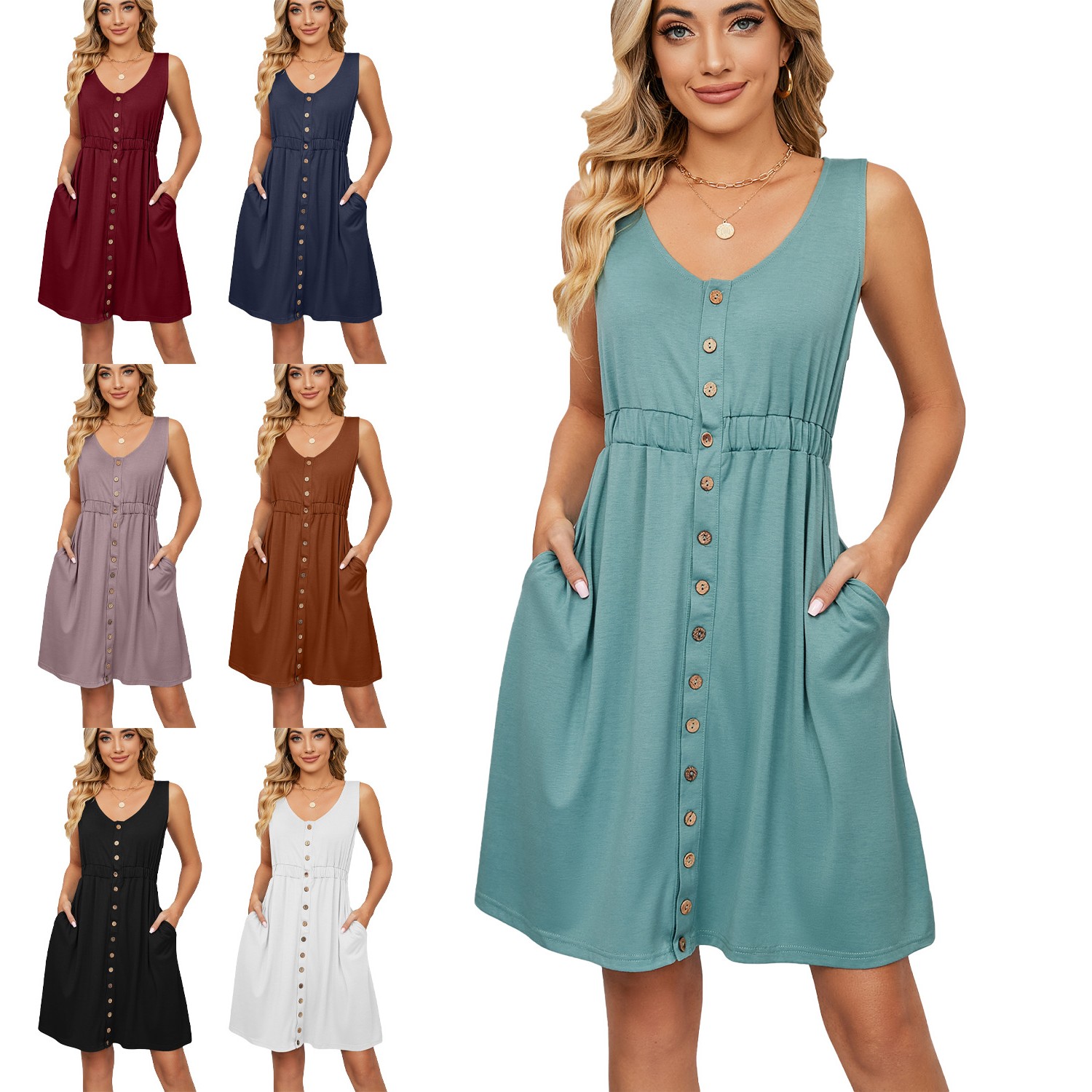 亚马逊欧美跨境外贸春夏纯色无袖纽扣口袋圆领开叉收腰连衣裙