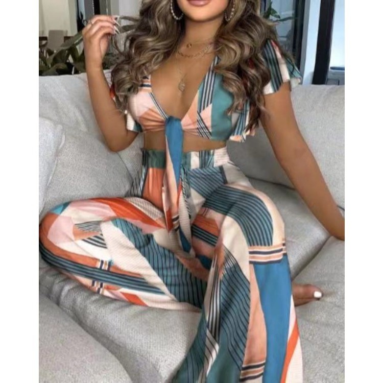 亚马逊欧美外贸夏季新款印花短袖系带套装性感低领长裤二件套