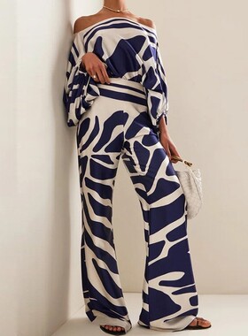 亚马逊新款欧美女装宽松蝙蝠袖上衣女阔腿裤时尚套装女两件套