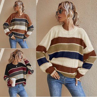 毛衣 气质通勤女韩版 欧美外贸年秋新款 套头蓝色条纹圆领针织衫