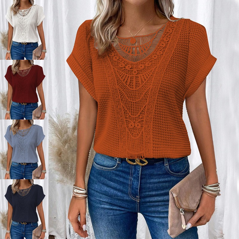 亚马逊欧美春夏新款独立站花边拼接短袖恤现货跨境女装