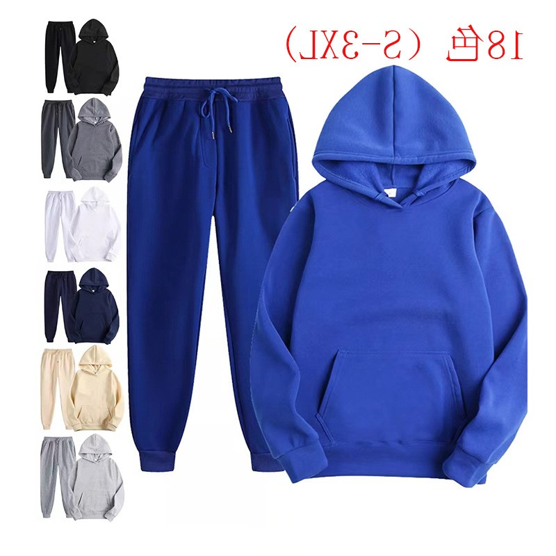 跨境男女秋冬新款纯色运动服件套连帽衫+卫裤加绒宽松卫衣套装