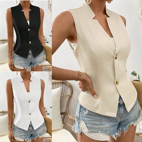 现货跨境外贸女装年领纽扣无袖开衫衬衫背心小西装马甲上衣