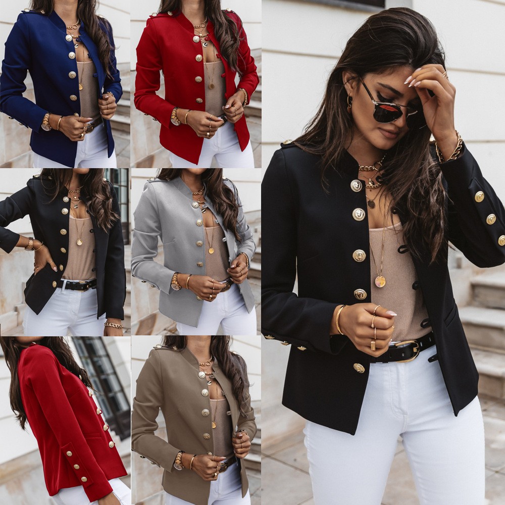 跨境亚马逊爆款欧美长袖修身排扣小西装短外套
