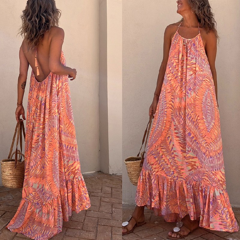 跨境亚马逊新款欧美夏季休闲气质女装印花长裙吊带大摆连衣裙