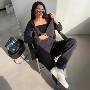 卫衣松紧腰阔腿裤 新款 连帽开衫 纯色长袖 欧美跨境女士休闲套装