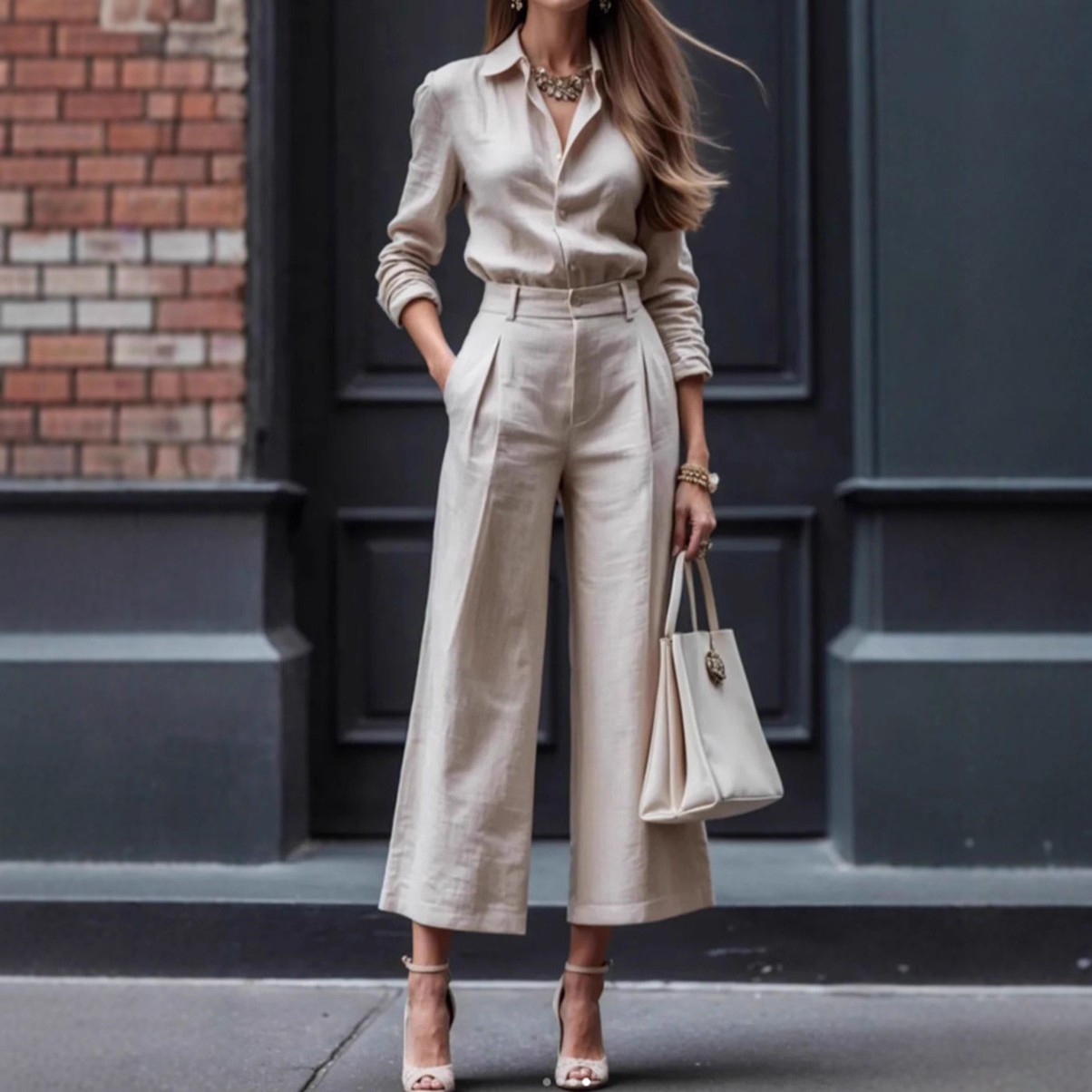 欧美跨境时尚休闲通勤气质开衫长袖上衣宽松裤子时尚女装套装