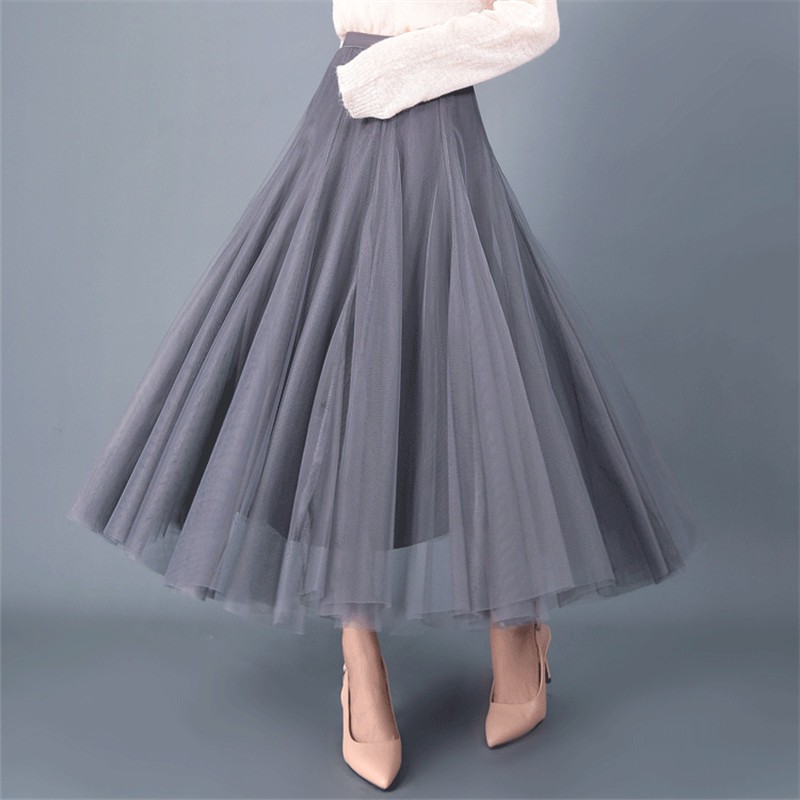 外贸女装春秋季新款半身裙高腰纯色纱裙百褶裙字大摆裙长裙