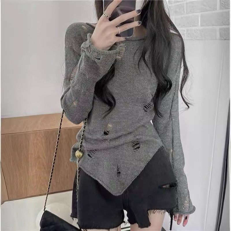 港味防晒罩衫女春秋慵懒风镂空外搭灰色毛衣设计感小众针织衫上衣