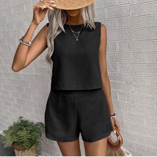 夏季 上衣短裤 新款 宽松气质无袖 两件套 时尚 欧美跨境外贸女装