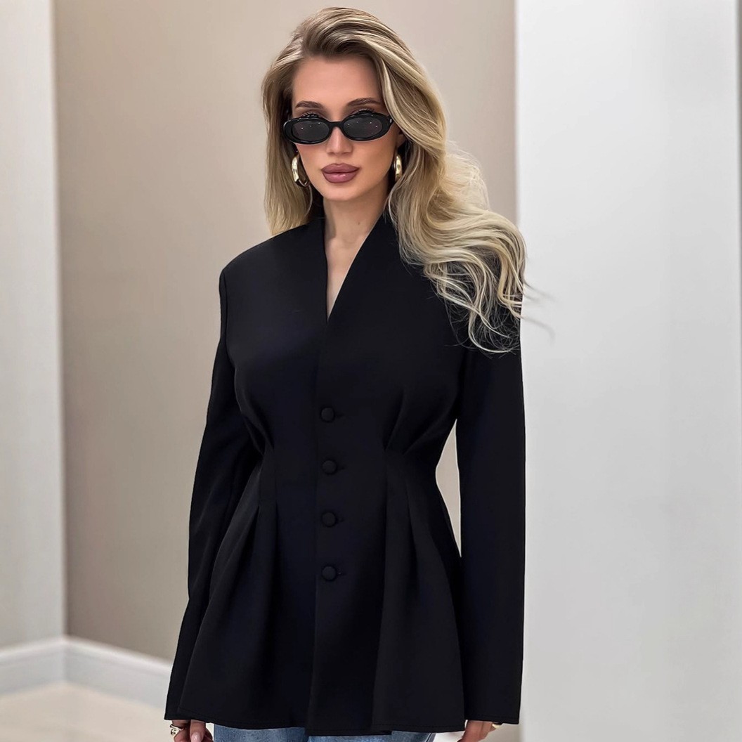 跨境欧美秋季新款女装亚马逊气质优雅领修身收腰设计感西装外套