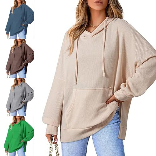 秋季亚马逊女装连帽衫华夫格针织侧开叉套头运动衫带口袋长袖