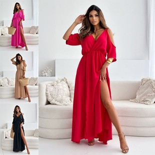 性感吊带连衣裙 露肩袖 速卖通亚马逊热卖 领裙摆开叉连衣裙