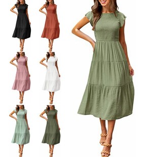 大摆连衣裙 抽褶分层短袖 欧美外贸跨境女装 亚马逊爆品飞飞袖