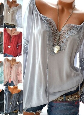 夏季速卖通亚马逊跨境热销爆款一字肩棉麻蕾丝花边系带长袖衫