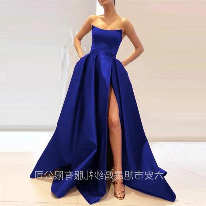 大码长缎婚礼晚礼服抹胸高叉舞会礼服 形剪裁大裙摆显瘦高腰长裙