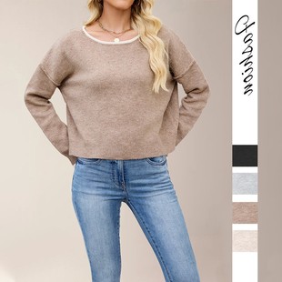 秋冬圆领拼色针织衫 热卖 宽松百搭套头毛衣 欧美跨境女装 新款