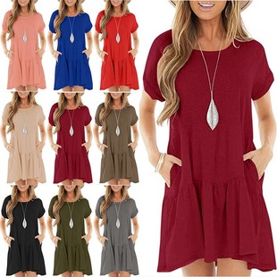 连衣裙女 口袋大摆中长款 外贸跨境新品 热销欧美女式