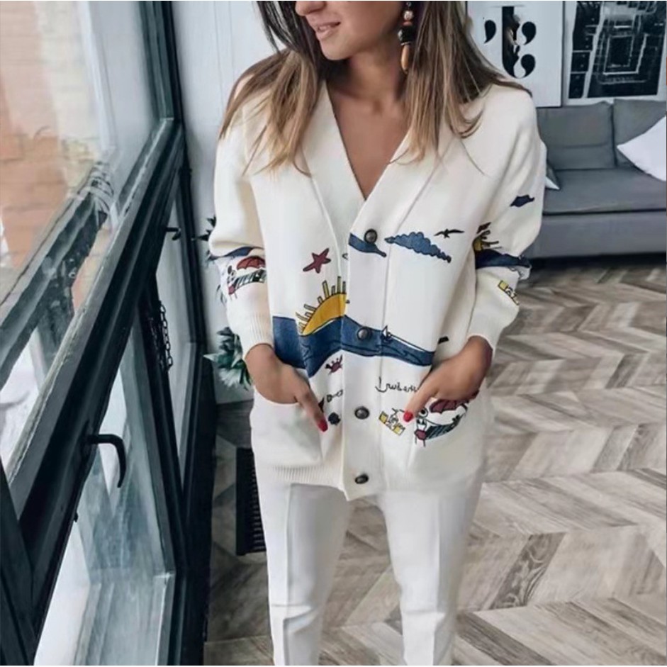 外贸欧美秋冬可爱印花长袖针织外套女装慵懒宽松新款开衫毛衣女潮