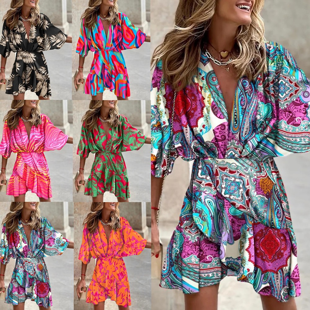 跨境独立站 秋季蝙蝠袖领下摆不规则连衣裙女装