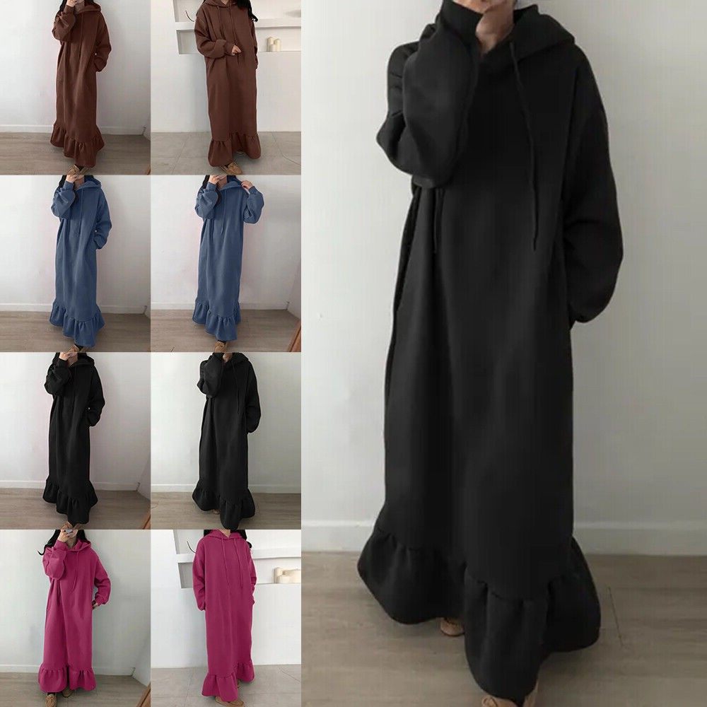 跨境货源秋冬加绒连帽打底卫衣加大码直筒口袋宽松长连衣裙