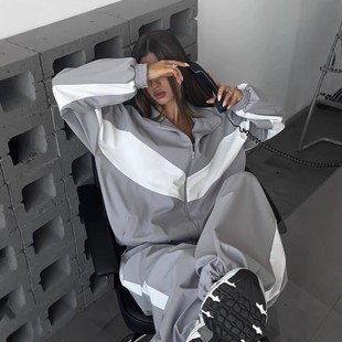 时尚 运动套装 宽松拼色长袖 撞色上衣长裤 拉链开衫 欧美女士休闲套装