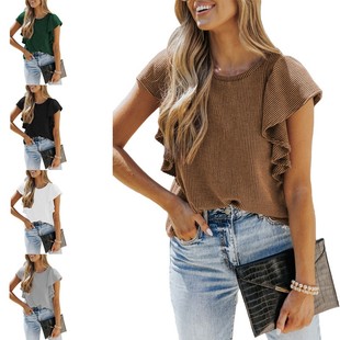 针织荷叶边短袖 独立站欧美跨境外贸女装 新款 亚马逊夏季