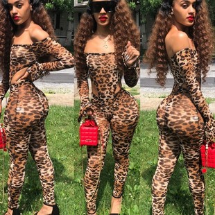 跨境新品 亚马逊性感网纱豹纹连体衣女士两件套休闲百搭