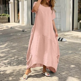 棉麻长裙连衣裙 文艺宽松大码 春夏新款 亚马逊速卖通爆款