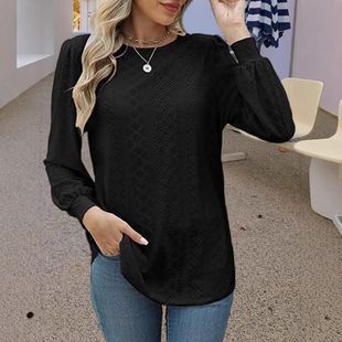 圆领恤 镂空长袖 亚马逊新款 独立站欧美跨境外贸女装
