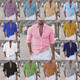男士 纯色夏威夷假日服装 夏季 长袖 棉麻翻领沙滩衬衫 跨境新款
