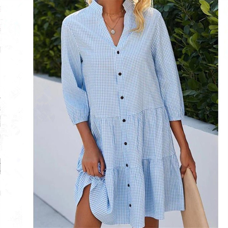 亚马逊独立站跨境欧美女装春季五分袖女式格子立领衬衫连衣裙
