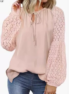 欧美外贸女装跨境 亚马逊圆领长袖蕾丝拼接系绳宽松恤