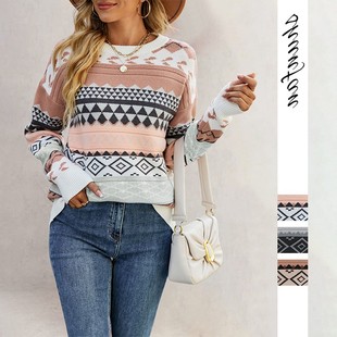 套头复古毛衣女式 秋冬亚马逊新款 图案菱形提花多色拼接针织衫