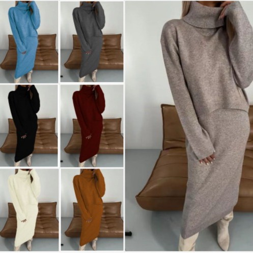 亚马逊新款毛衣连衣裙秋冬高领长款连衣裙两件套纯色针织连衣裙