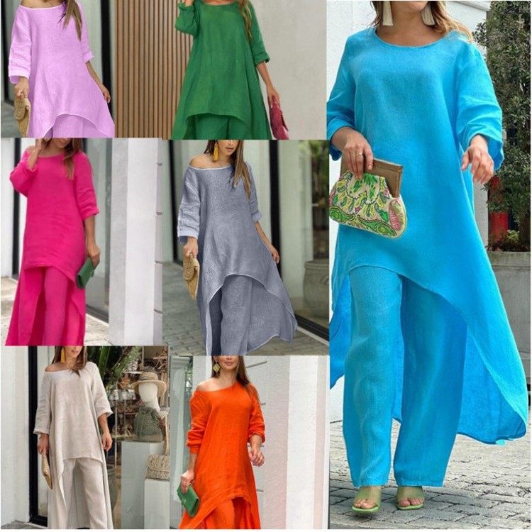 欧美新品女装棉麻时尚休闲大码不规则长袖套装阔腿裤两 件套,个性定制/设计服务/DIY,连衣裙加工定制,淘宝优惠券,粉丝福利购,淘宝优惠卷