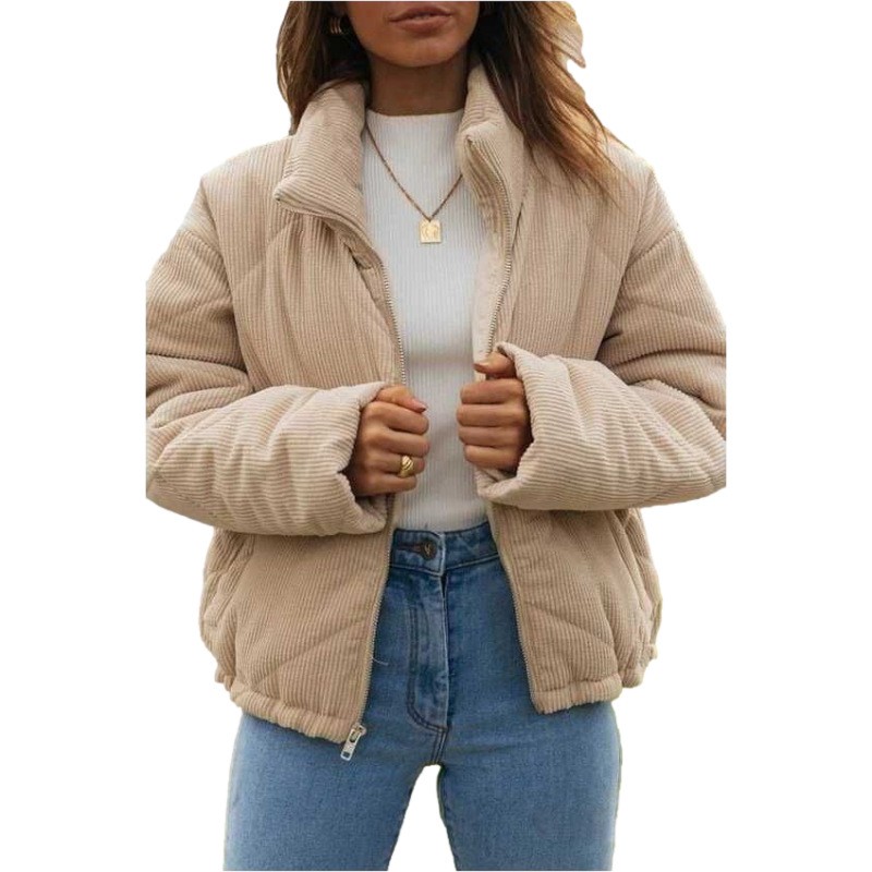 年欧美亚马逊秋冬季新款女装灯芯绒行棉外套女立领棉服外套女